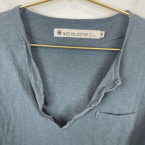 Nice Collective Long Sleeve Gray Blue Henley Size M Small Hole - Picture 5 of 8